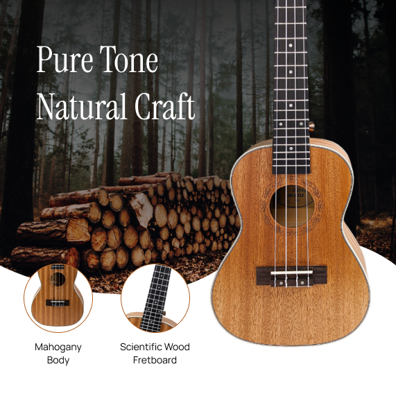 Torrins Mahogany Ukulele, 24 Inch, Brown Matte Finish - Includes 4 Plectrums & String Set
