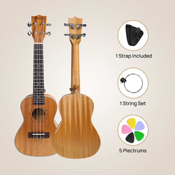 Torrins Mahogany Ukulele, 24 Inch, Brown Matte Finish - Includes 4 Plectrums & String Set