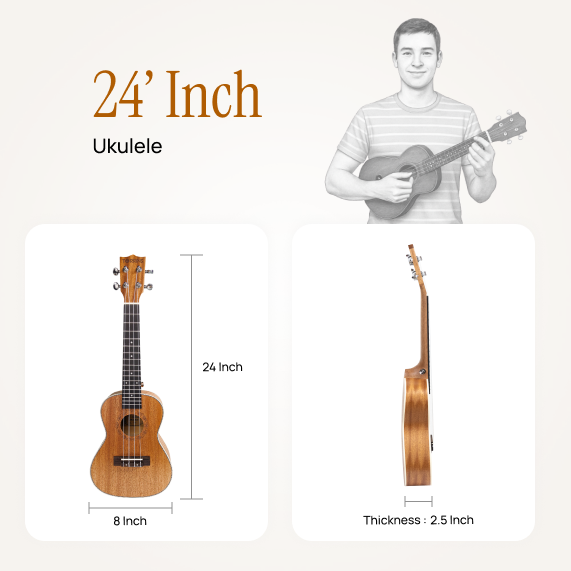 Torrins Mahogany Ukulele, 24 Inch, Brown Matte Finish - Includes 4 Plectrums & String Set