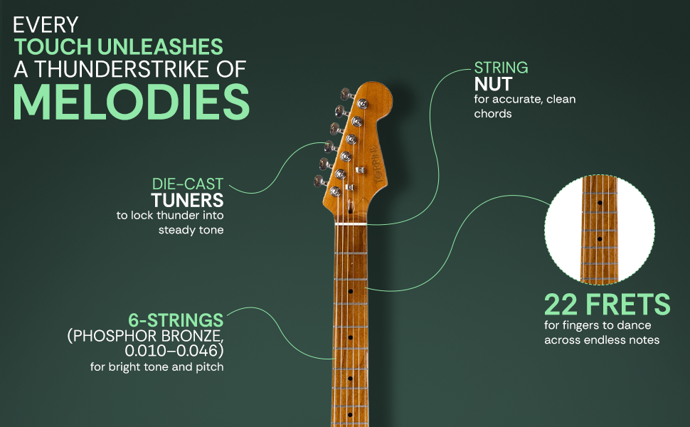 Torrins Electric Guitar, Linden Wood, 6-String, for Musicians | Available in Surf Green and Sunburst Color