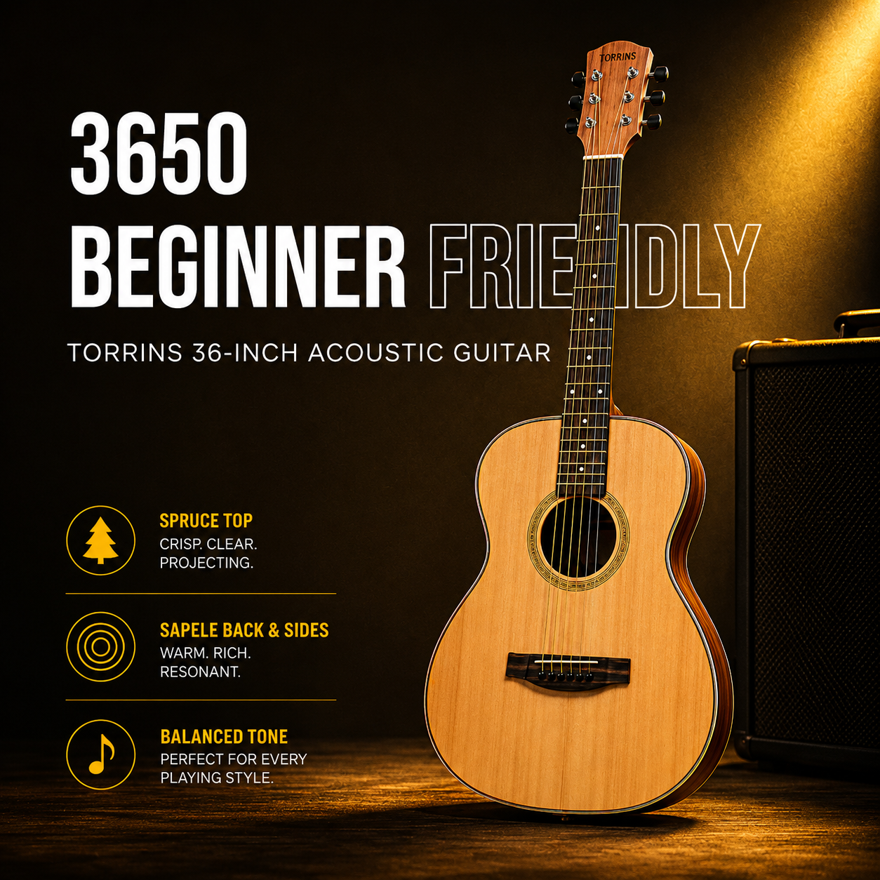 Torrins Natural Wood 36-Inch Acoustic Guitar, Sapele Spruce Rosewood, Right Hand, 6 Strings, TOR - 3650