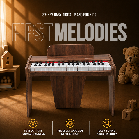Torrins 37-Key Baby Digital Piano for Kids – Wooden Style Mini Keyboard with Headphone & Audio Input