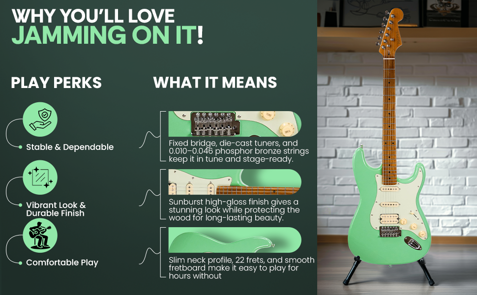 Torrins Electric Guitar, Linden Wood, 6-String, for Musicians | Available in Surf Green and Sunburst Color