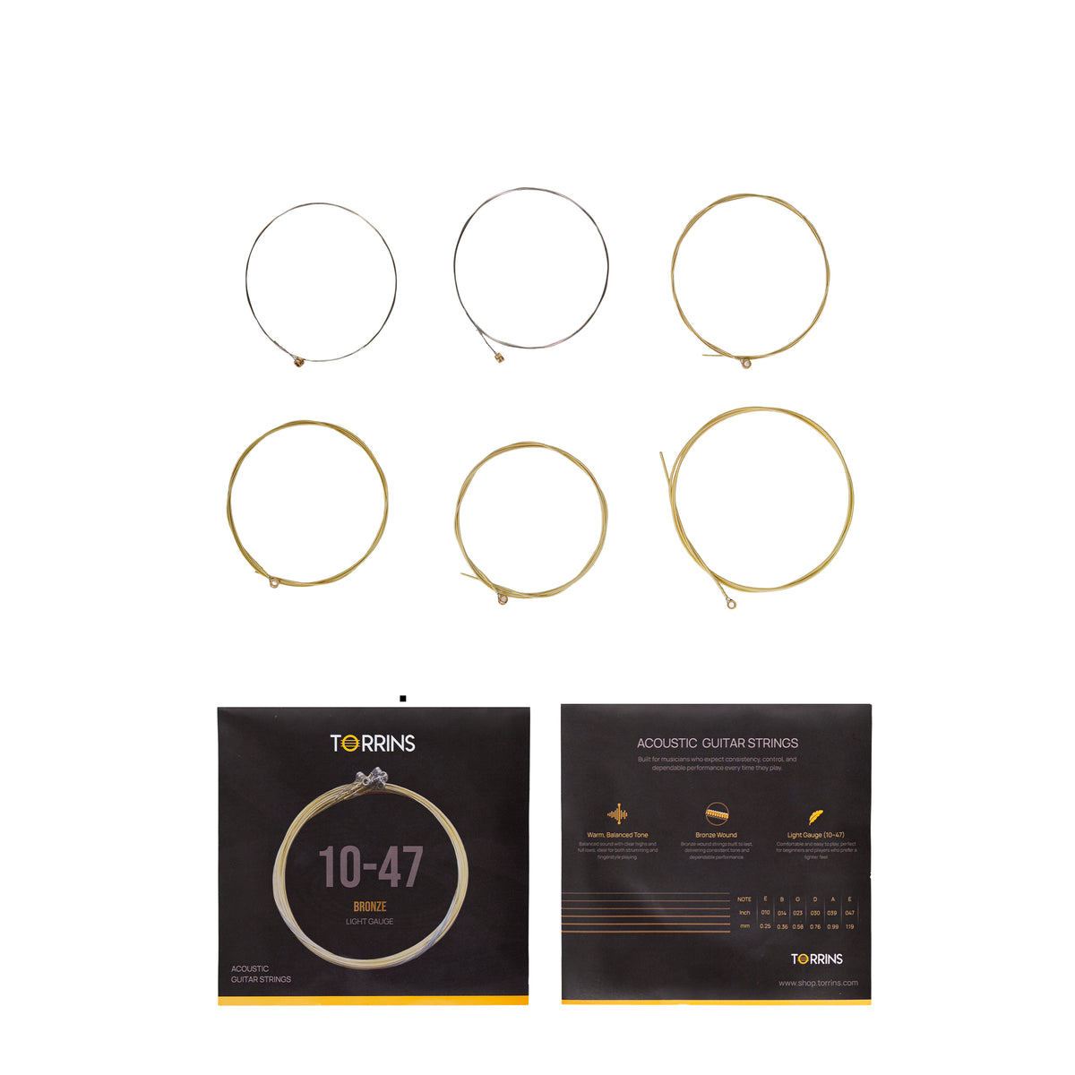 Torrins Acoustic Guitar String Set 10–47 Light Gauge Bronze | Warm Balanced Tone, Easy Playability