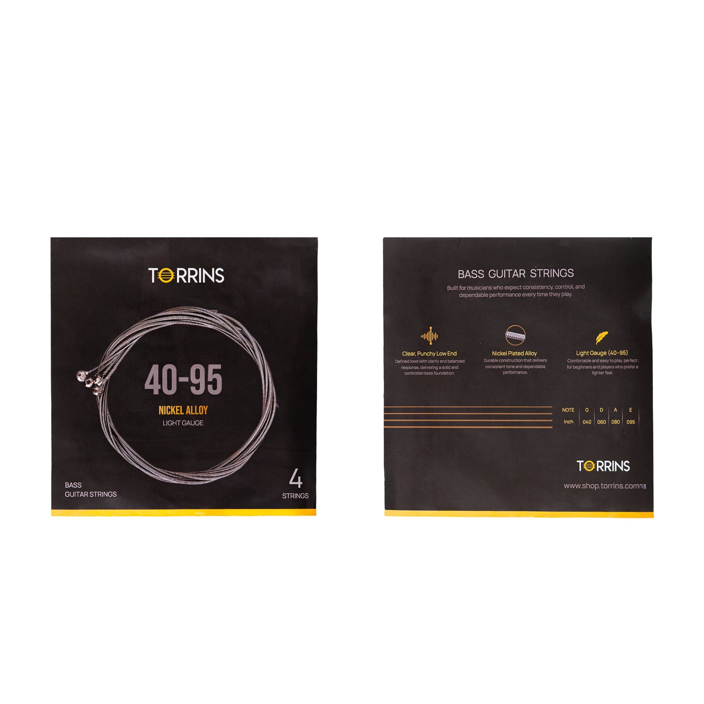 Torrins Bass Guitar Strings 40–95 Light Gauge Nickel Plated Alloy | Punchy Low End & Smooth Playability for 4 String Electric Bass Guitar