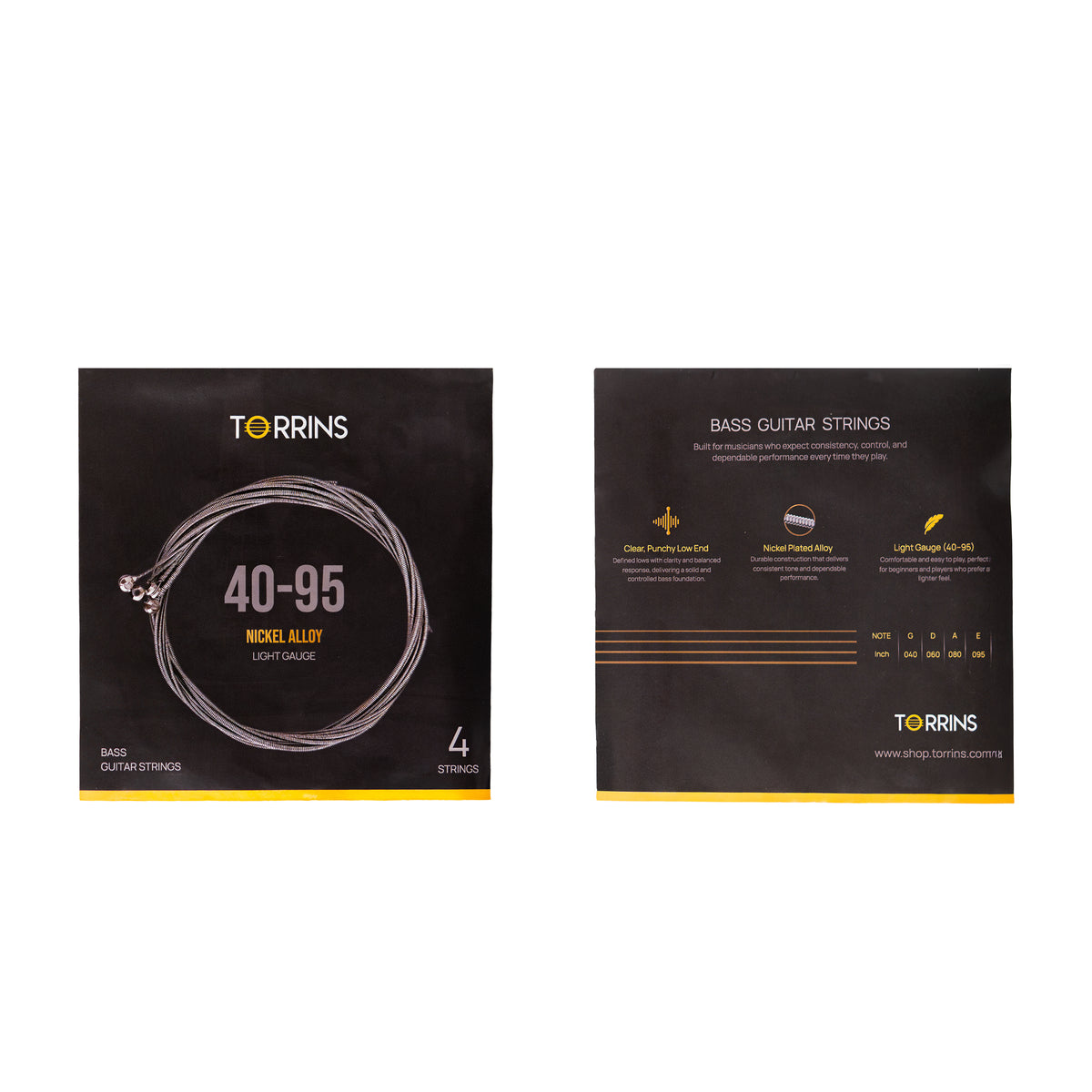 Torrins Bass Guitar Strings 40–95 Light Gauge Nickel Plated Alloy | Punchy Low End & Smooth Playability for 4 String Electric Bass Guitar