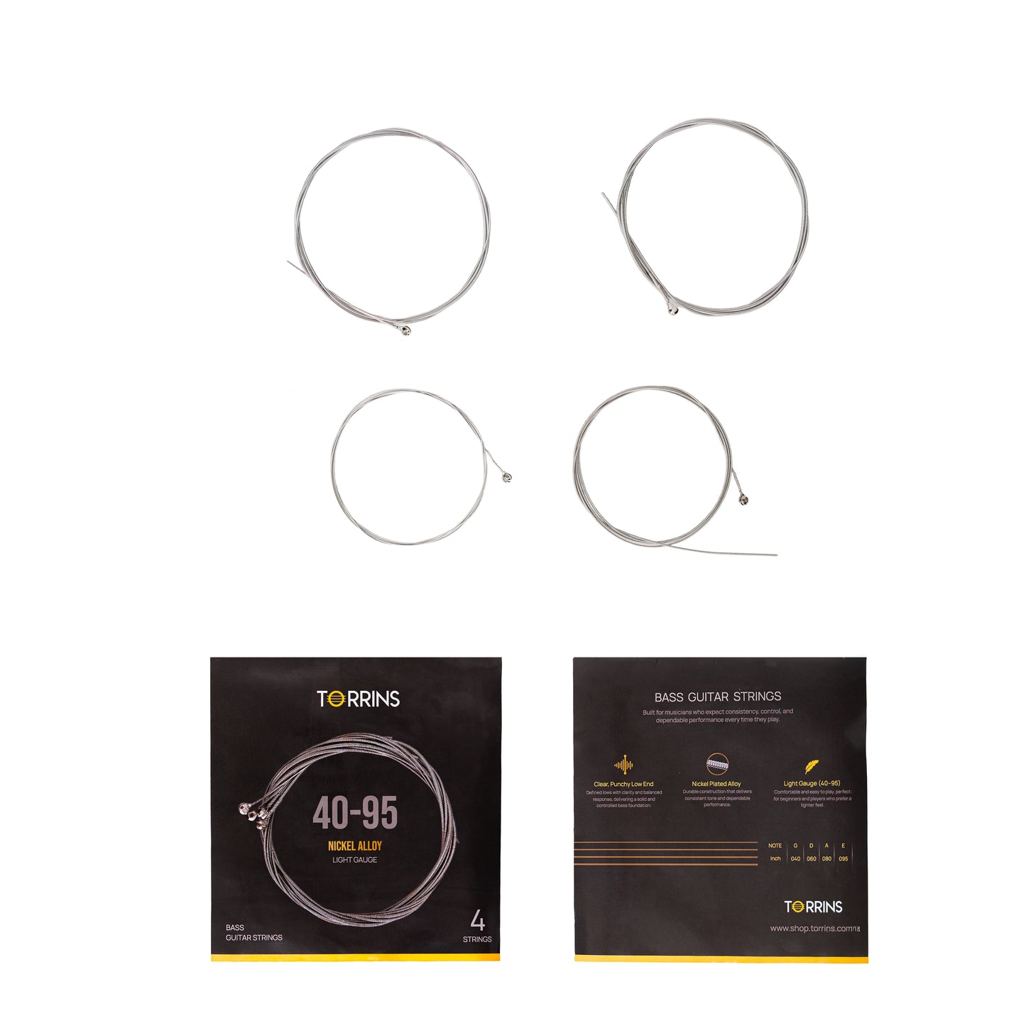 Torrins Bass Guitar Strings 40–95 Light Gauge Nickel Plated Alloy | Punchy Low End & Smooth Playability for 4 String Electric Bass Guitar