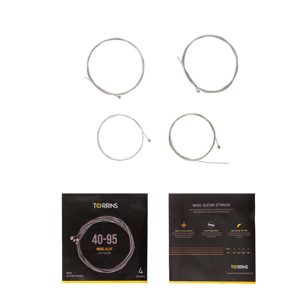 Torrins Bass Guitar Strings 40–95 Light Gauge Nickel Plated Alloy | Punchy Low End & Smooth Playability for 4 String Electric Bass Guitar