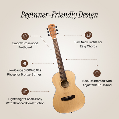 Torrins Natural Wood - Open Pore 36-Inch Semi-Acoustic Guitar, Sapele Spruce Rosewood, for Right Hand, 6 Strings - TORSA - 3650