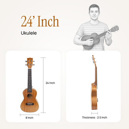 Torrins Mahogany Ukulele, 24 Inch, Brown Matte Finish - Includes 4 Plectrums & String Set