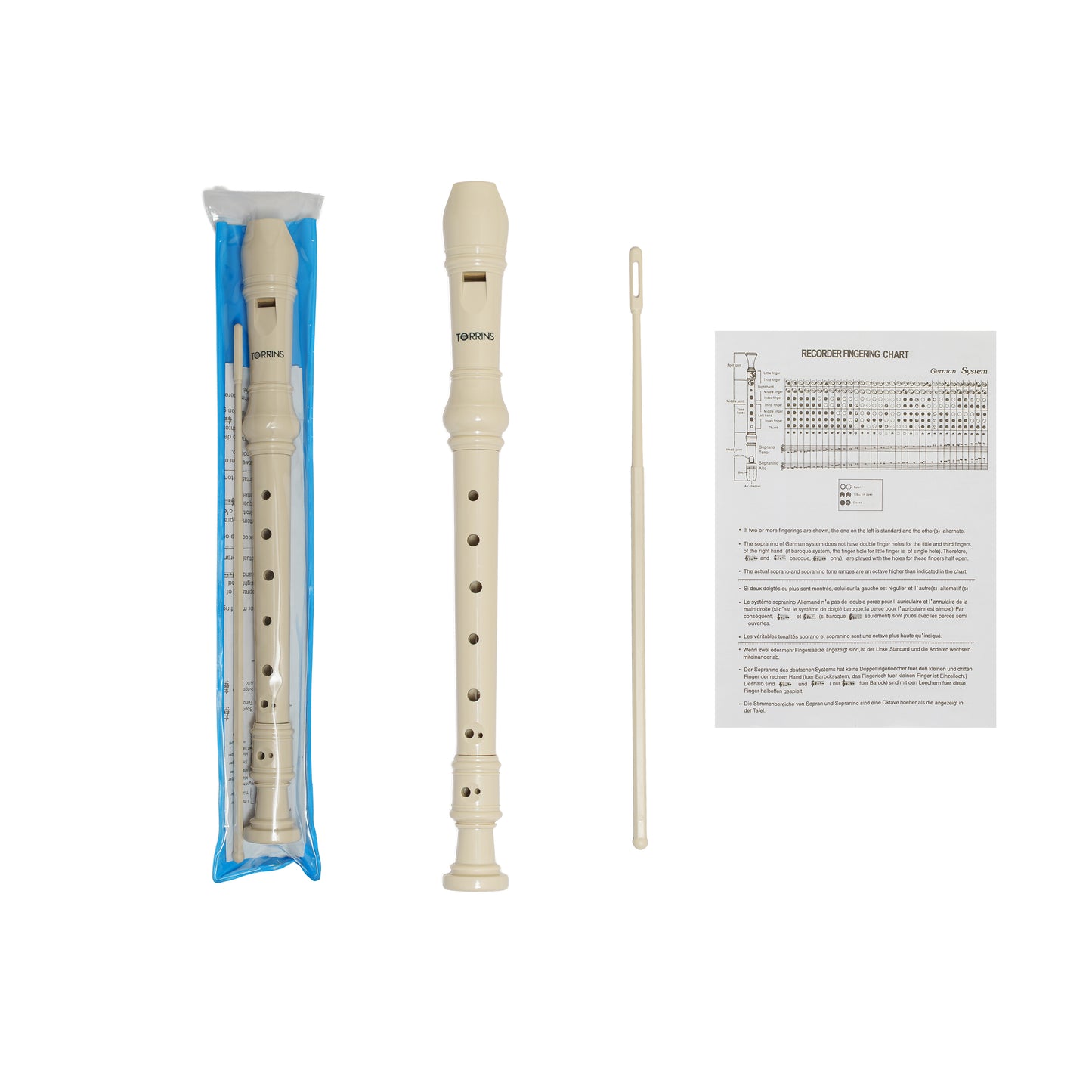 Torrins Claró Descant Recorder (German Fingering) – Beginner Recorder Flute with Cleaning Rod & Fingering Chart