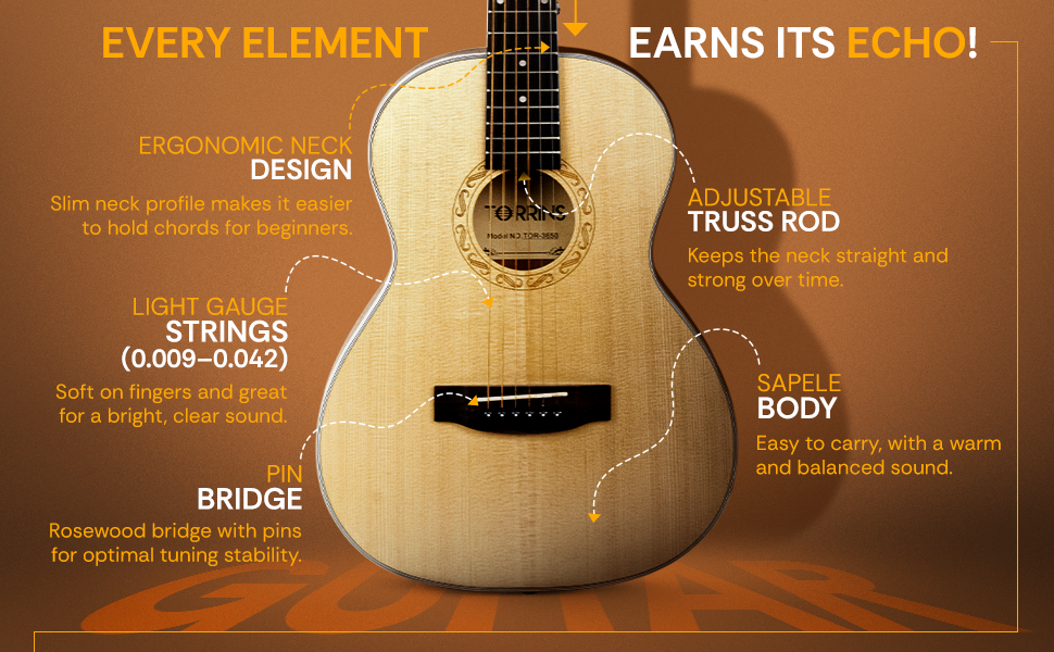 Torrins Natural Wood 36-Inch Acoustic Guitar, Sapele Spruce Rosewood, Right Hand, 6 Strings, TOR - 3650