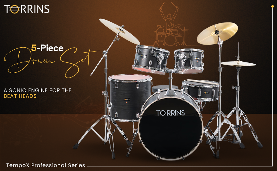 Torrins TempoX Series Acoustic Drum Kit with Hardware, Cymbals, High Hat & Throne