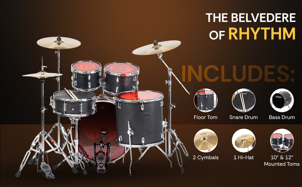 Torrins TempoX Series Acoustic Drum Kit with Hardware, Cymbals, High Hat & Throne