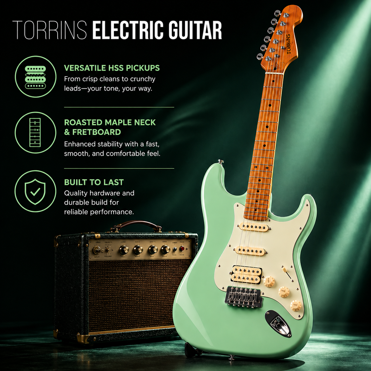 Torrins Electric Guitar EG, Linden Wood, 6-String, for Musicians | Available in Surf Green and Sunburst Color