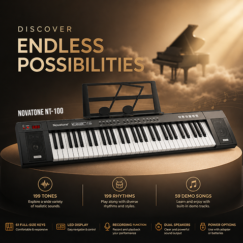Novatone NT-100 61 Keys Musical Keyboard with 199 Tones, 199 Rhythms, 59 Demo Songs, Recording & LED Display