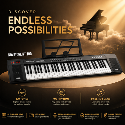 Novatone NT-100 61 Keys Musical Keyboard with 199 Tones, 199 Rhythms, 59 Demo Songs, Recording & LED Display