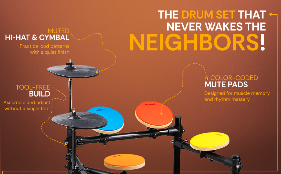 Torrins Silent Practice Drum Kit - 4 Mute Pads | Muted Hi-Hat and Cymbal | Kickpad and Pedal