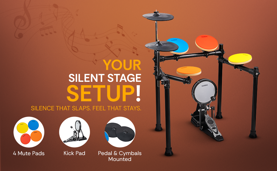 Torrins Silent Practice Drum Kit - 4 Mute Pads | Muted Hi-Hat and Cymbal | Kickpad and Pedal