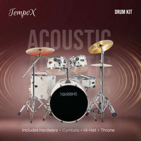 Torrins TempoX Series Acoustic Drum Kit with Hardware, Cymbals, High Hat & Throne