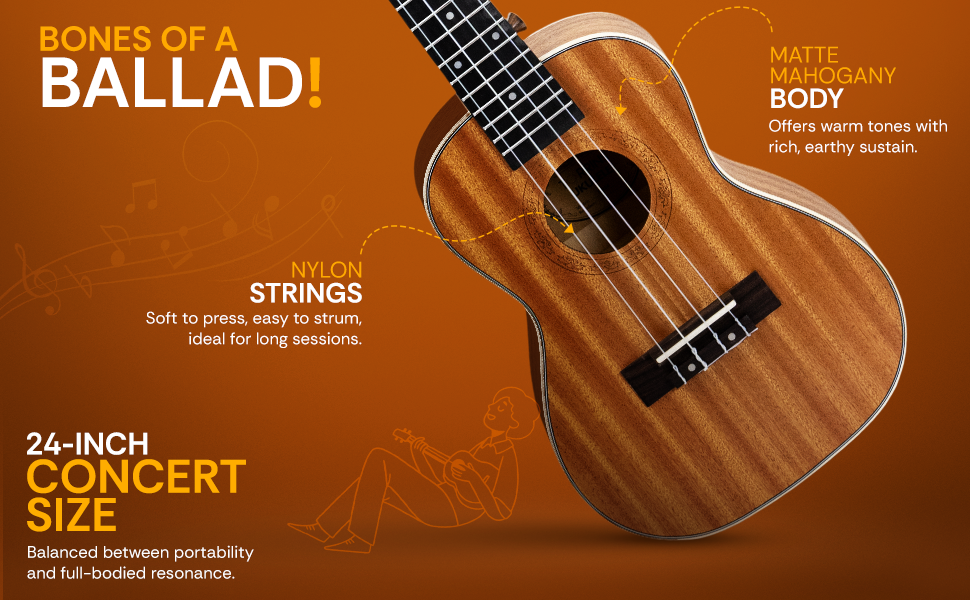 Torrins Mahogany Ukulele, 24 Inch, Brown Matte Finish